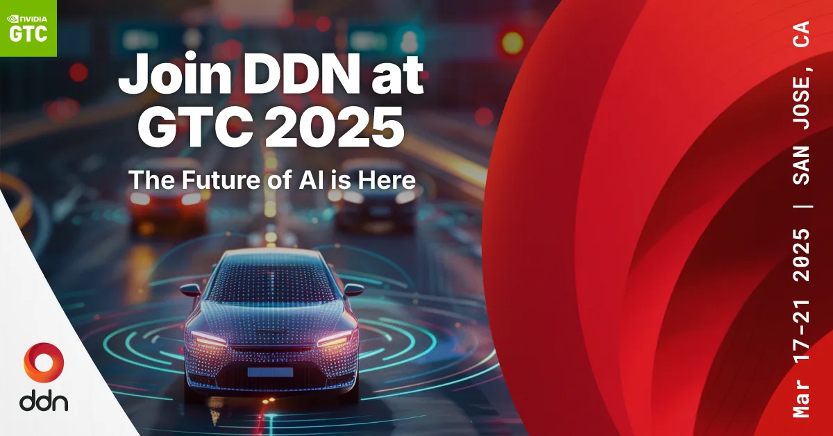 DDN Join us at NVIDIA GTC 2025 campaign creative with Vector Vortex motif