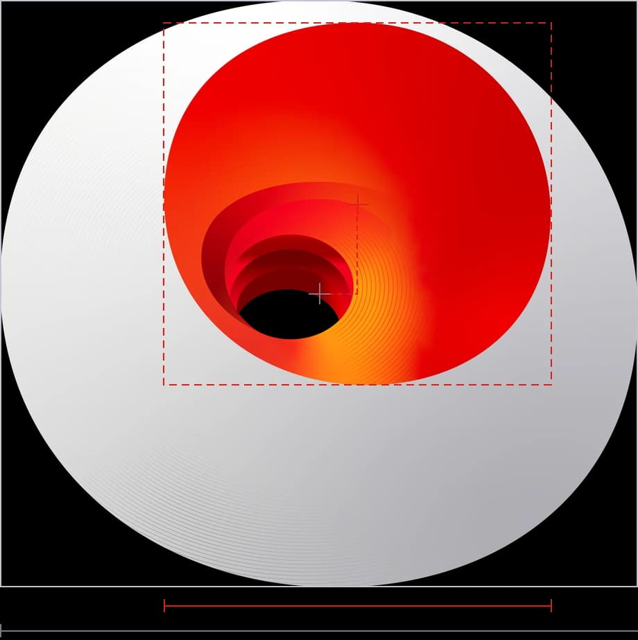 The lockup with both bounding boxes drawn, centre crosshairs marked, and the inner width dimensioned against the outer width.