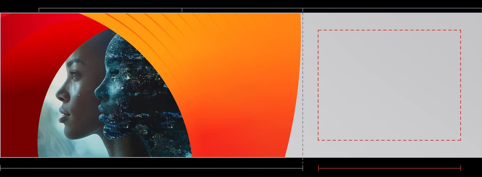 A DDN advert with its three zones bracketed, the copy safe area outlined, and the outer curve marked at its widest point.