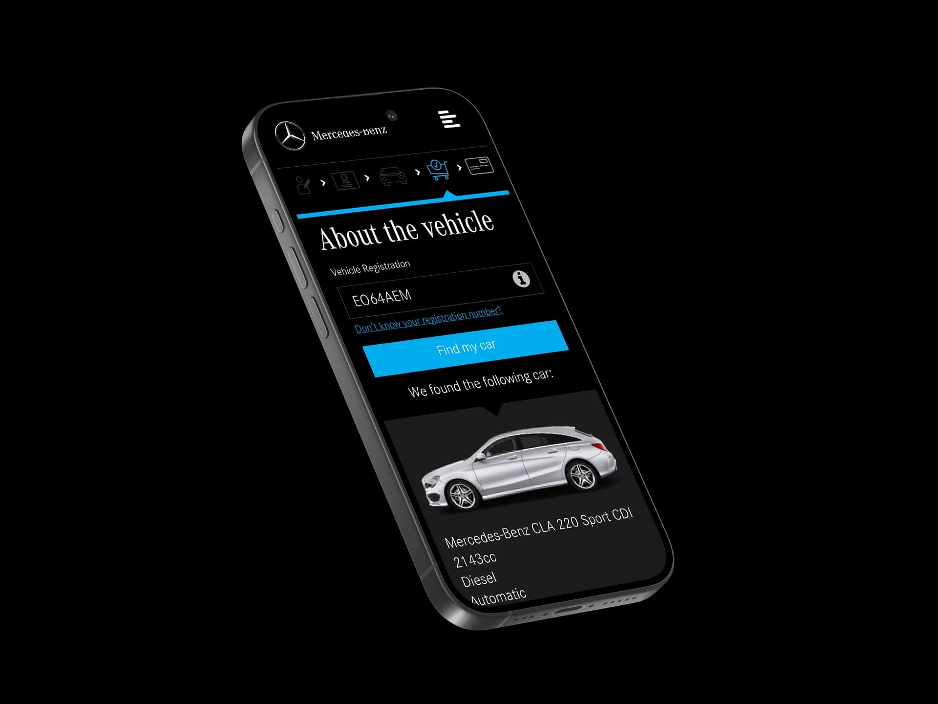 Coded Mercedes-Benz D2C insurance flow on iPhone 15, isometric product shot