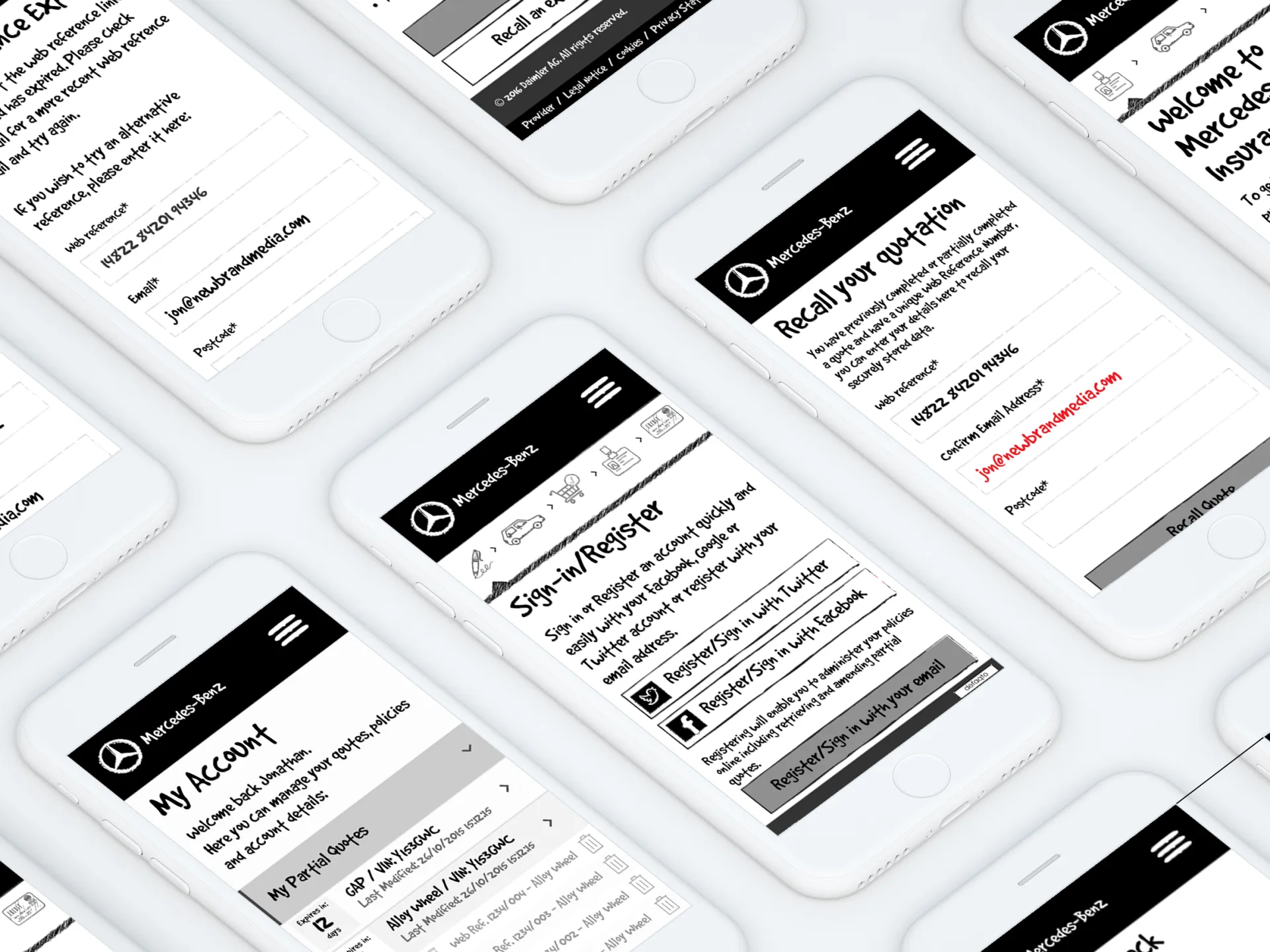 Isometric collage of Mercedes-Benz insurance low-fidelity wireframe screens on phones