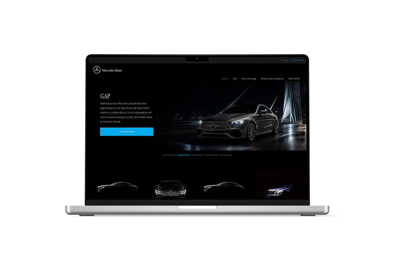 Mercedes-Benz insurance hi-fi visual design: GAP product page on a MacBook mockup