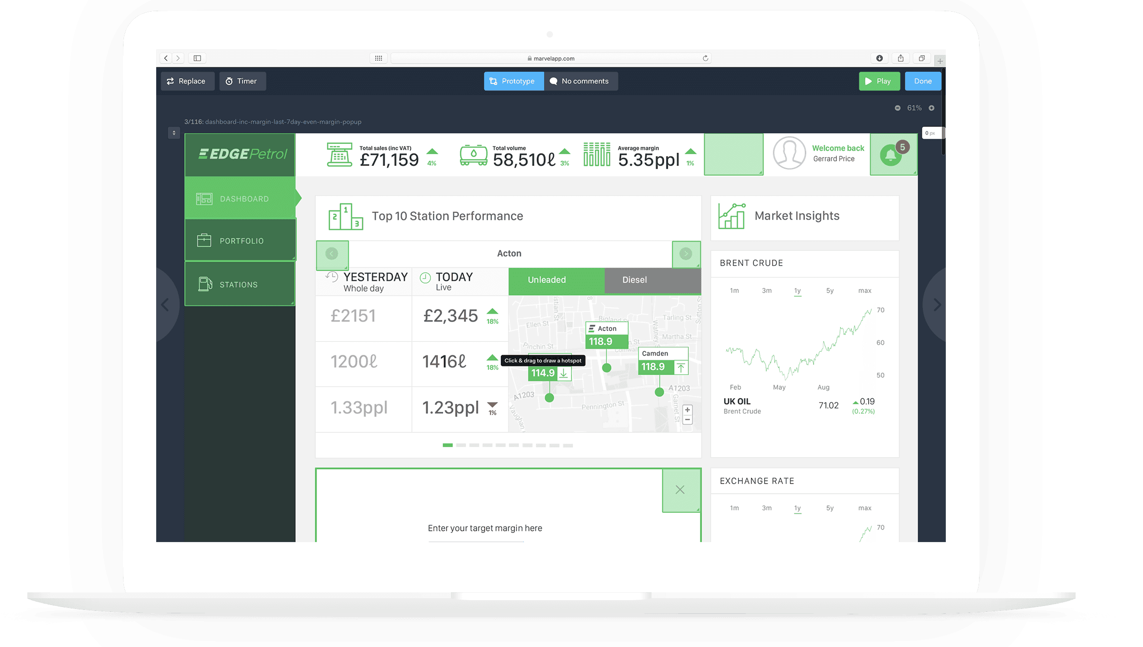 Marvel App interactive prototype screens for Edge Petrol