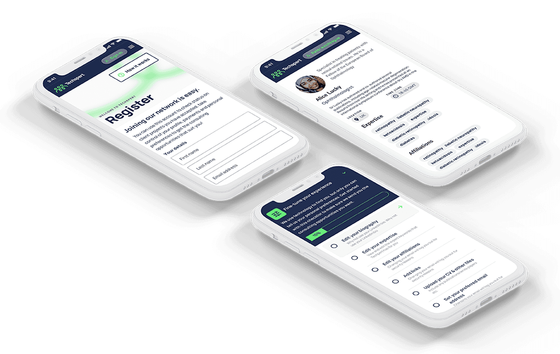 Expert Portal screens on three white clay iPhones