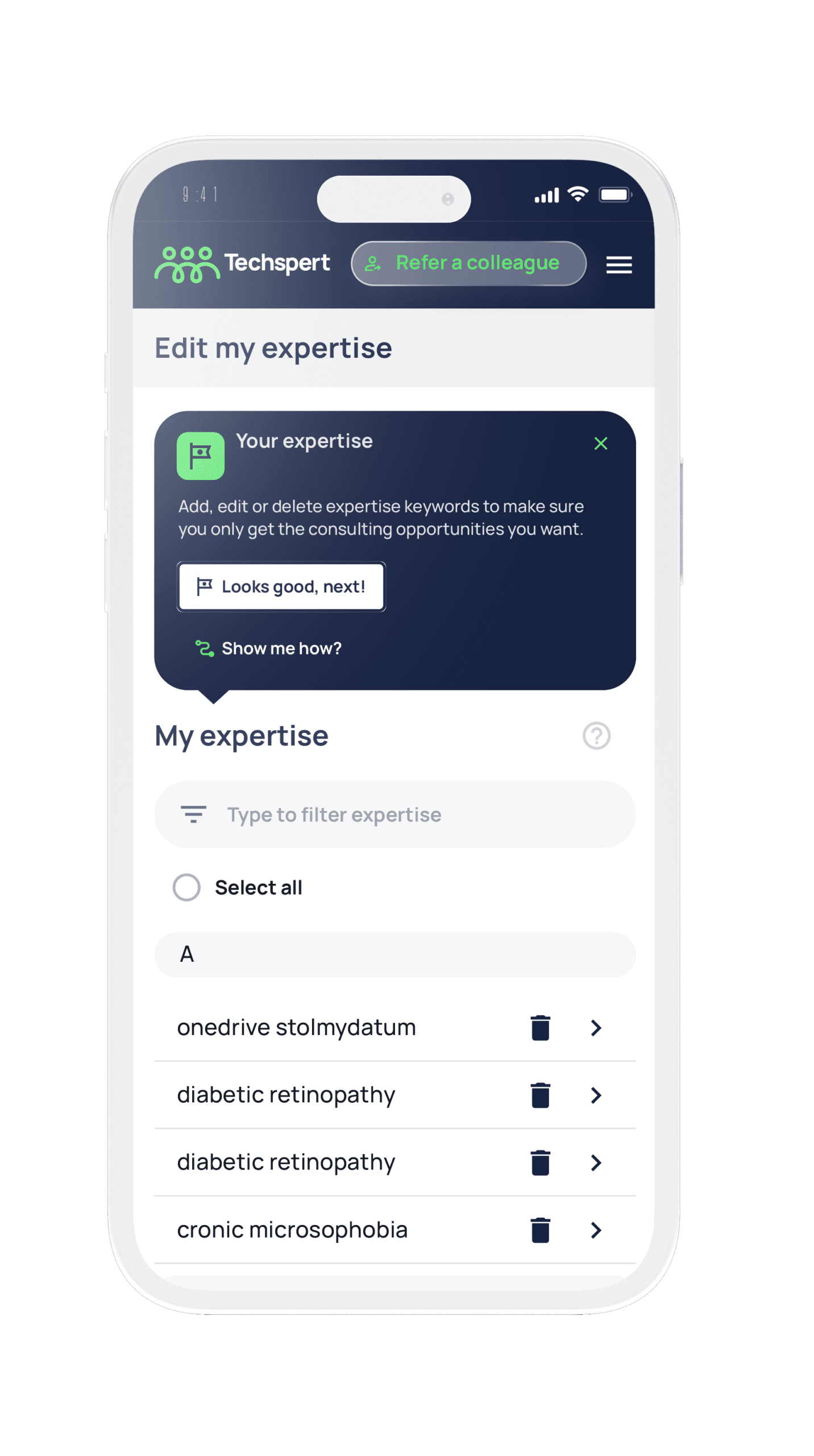 Expert Portal profile screen on a white clay iPhone