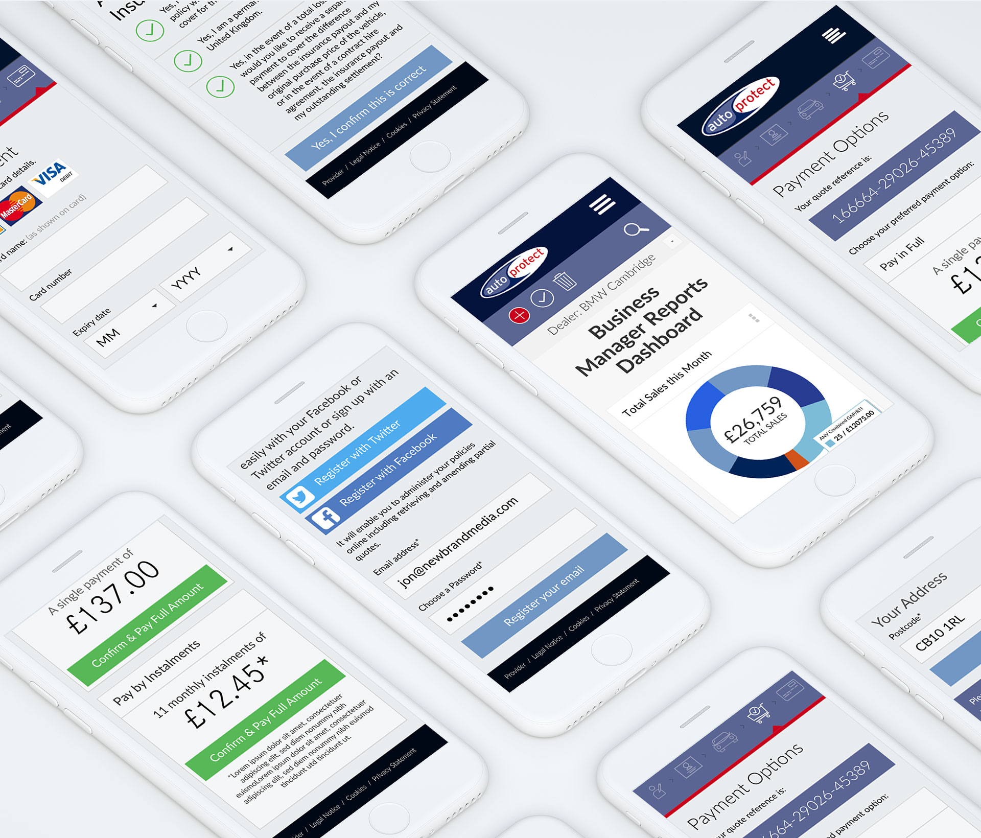 AutoProcess mobile dashboards on multiple iPhones in isometric layout